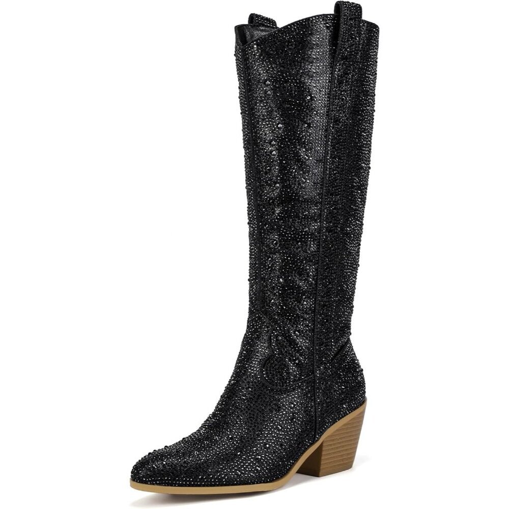 Women's Black Rhinestone Cowboy Boot Knee High Western Cowgirl Boots Pointed Toe